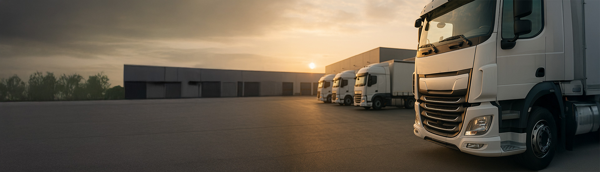 Lkw-Flotte vor einem Logistikdepot in der Abendsonne